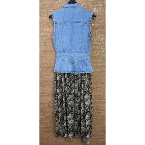Vintage 90s Denim Floral Print Maxi Dress Boho Cottage Grunge Light Wash Size S - Picture 2 of 16